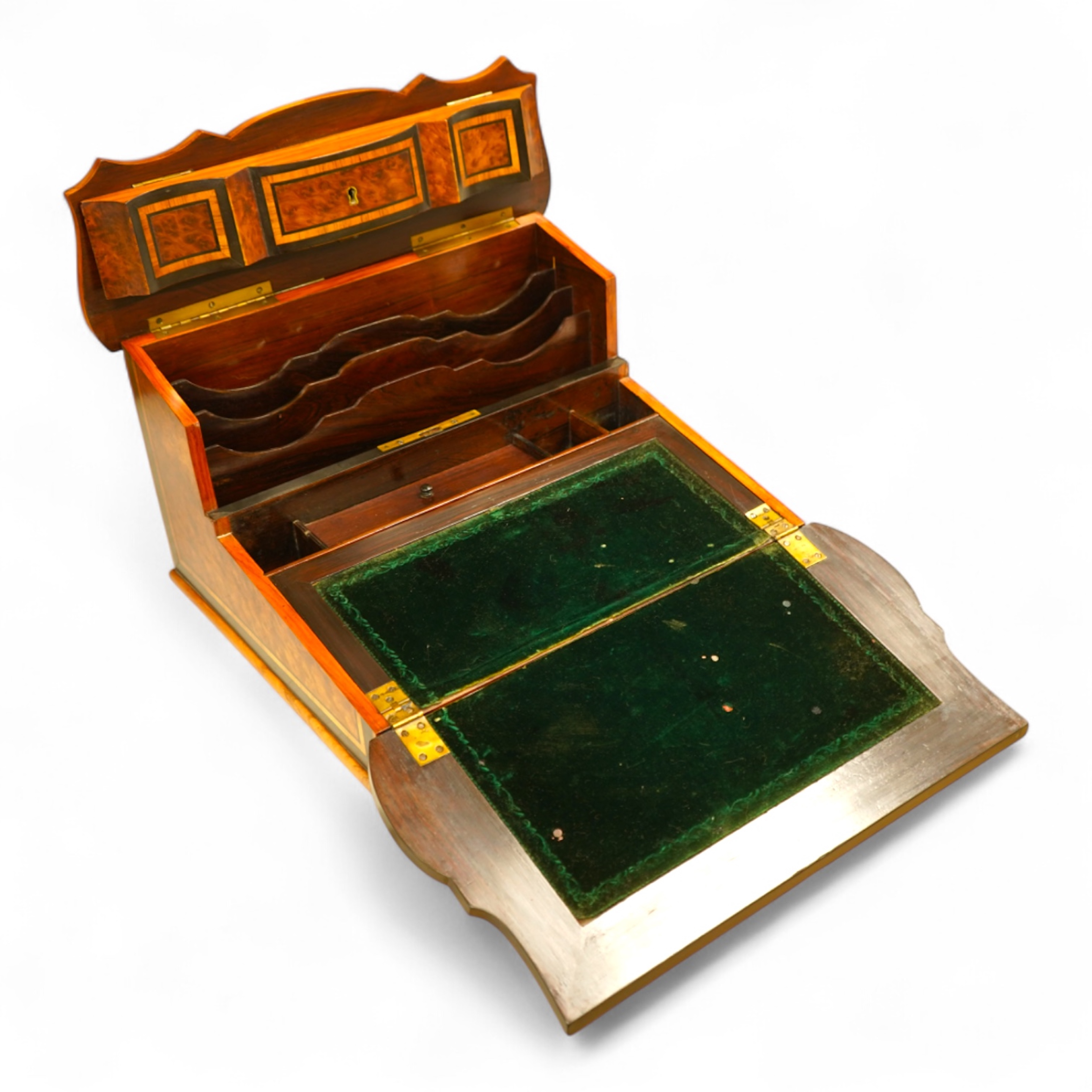 A 19th century French brass inlaid, tulip banded amboyna writing casket, the brass panel inscribed ‘Jane Lester’, 40cm wide